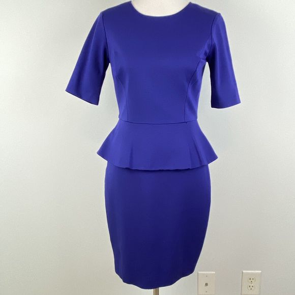 Trina Turk Dress Womens 2 Trophie Blue Peplum Short Sleeve Ponte Sheath Work - Picture 12 of 12
